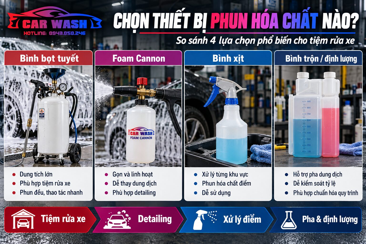 So sánh bình bọt tuyết Foam Cannon bình xịt và bình trộn