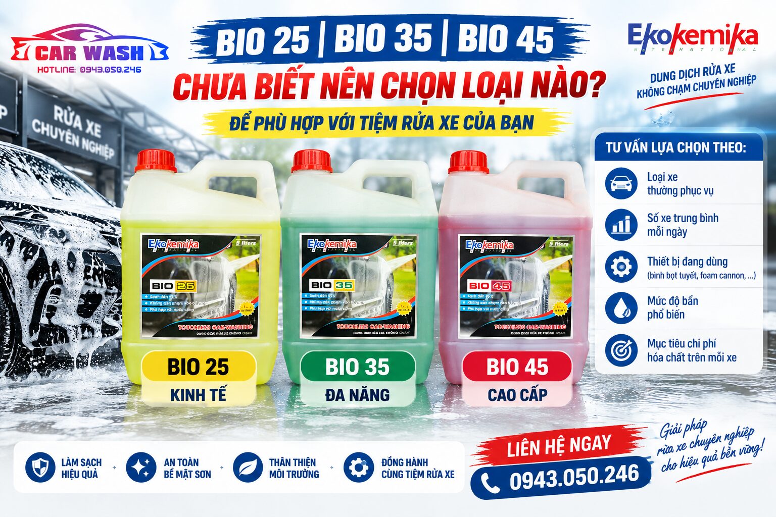Tư vấn lựa chọn dung dịch Ekokemika phù hợp cho tiệm rửa xe