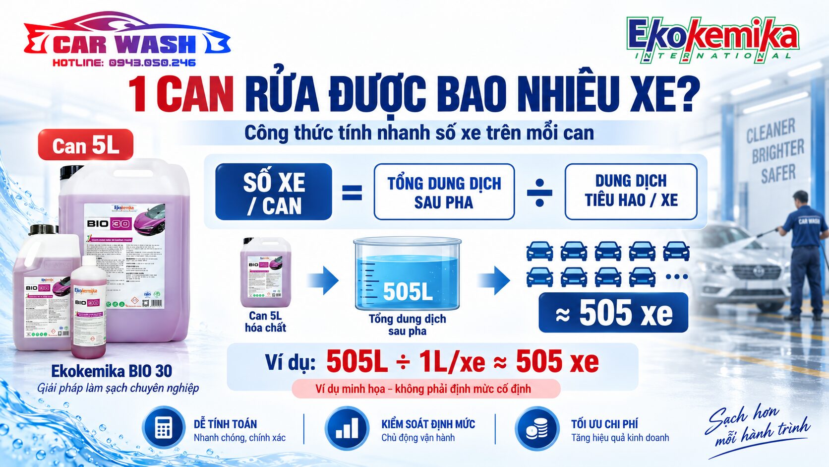 Công thức tính số xe rửa được trên mỗi can hóa chất